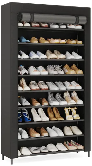 10 Tier Shoes Rack with Cover, Shoes Racks Organizer for Closet, Black Large Shoe Shelf for Entryway,50 Pair Large Shoe Stand, Non-Woven Shoe Storage Rack