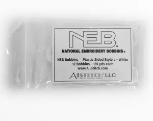 12 Bobbins - NEB Plastic Sided Machine Embroidery Bobbins Size L - White