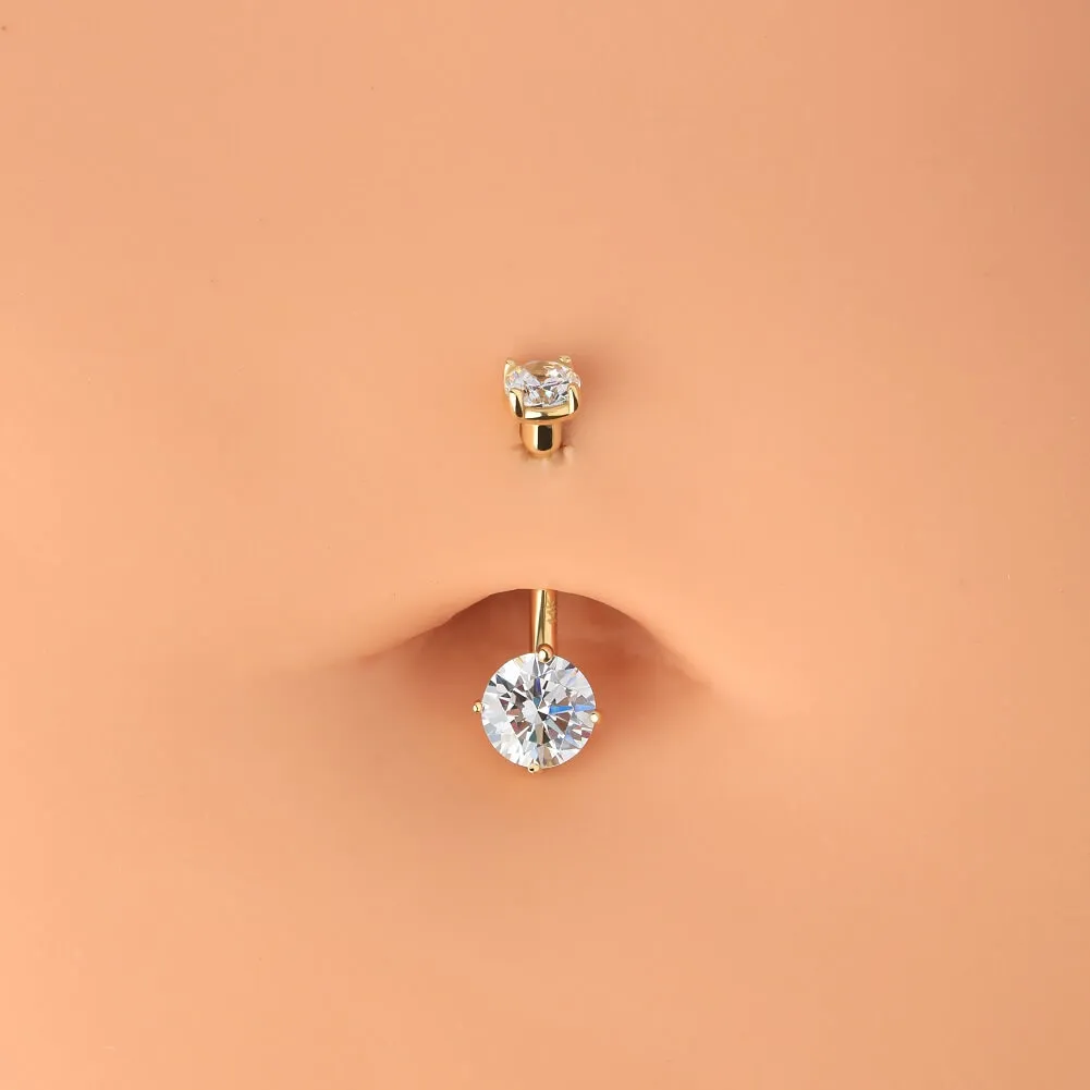 14K Solid Gold Navel Ring Top and Bottom CZ Belly Button Ring