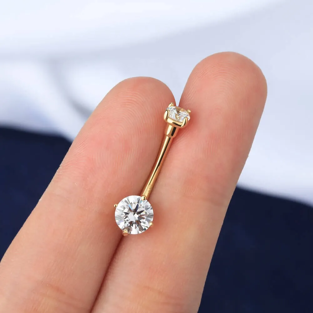 14K Solid Gold Navel Ring Top and Bottom CZ Belly Button Ring