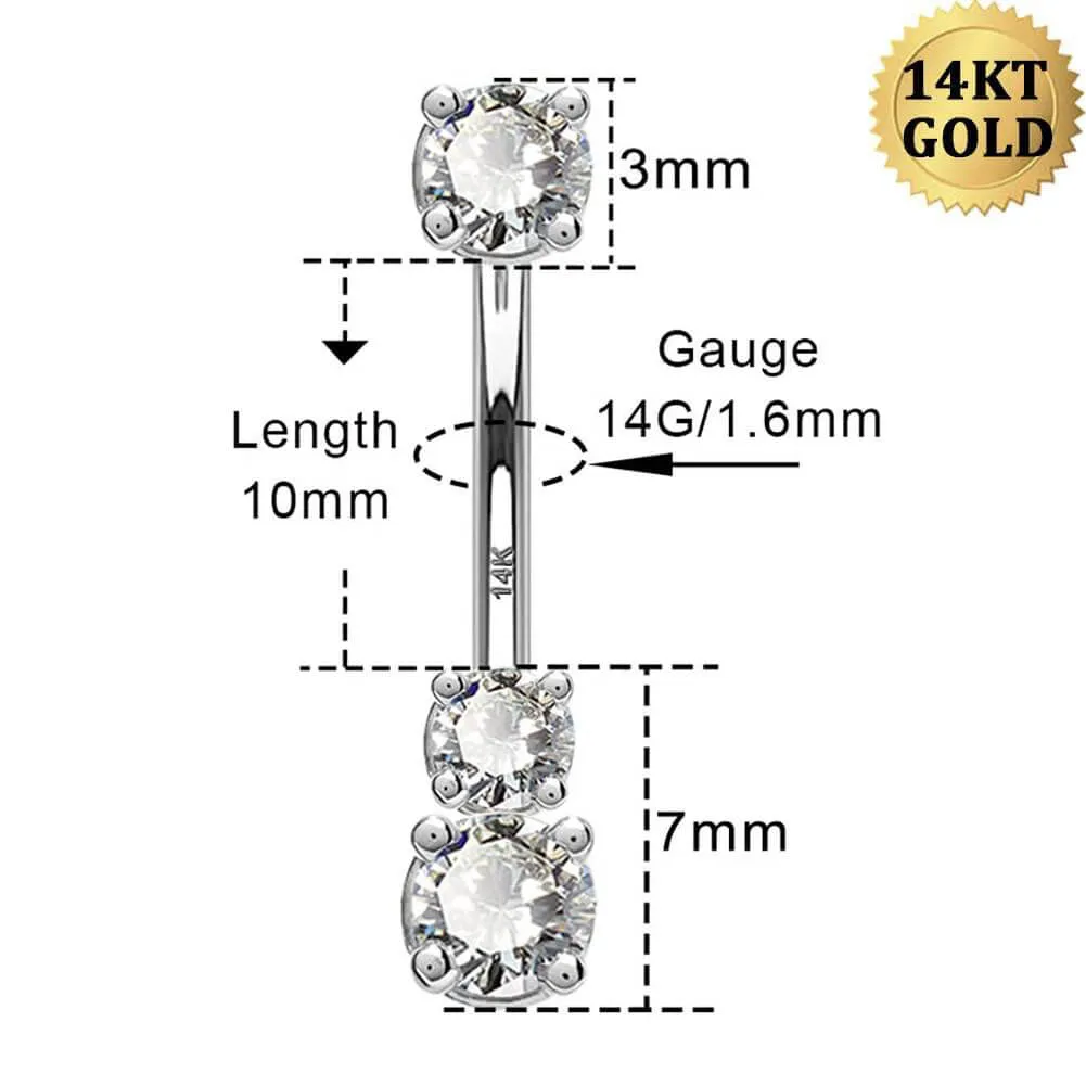 14K White Gold Belly Ring 14G Solitaire Round CZ Navel Ring