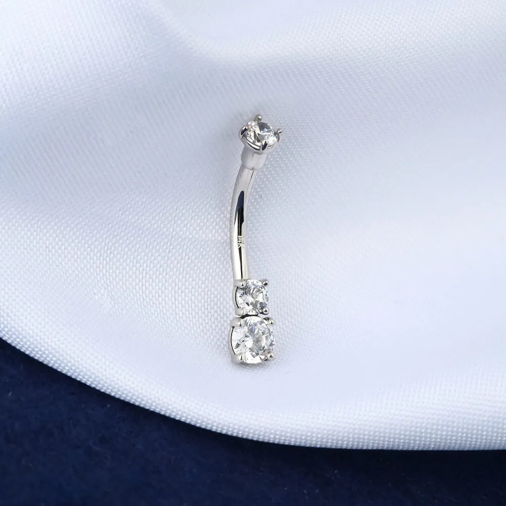 14K White Gold Belly Ring 14G Solitaire Round CZ Navel Ring