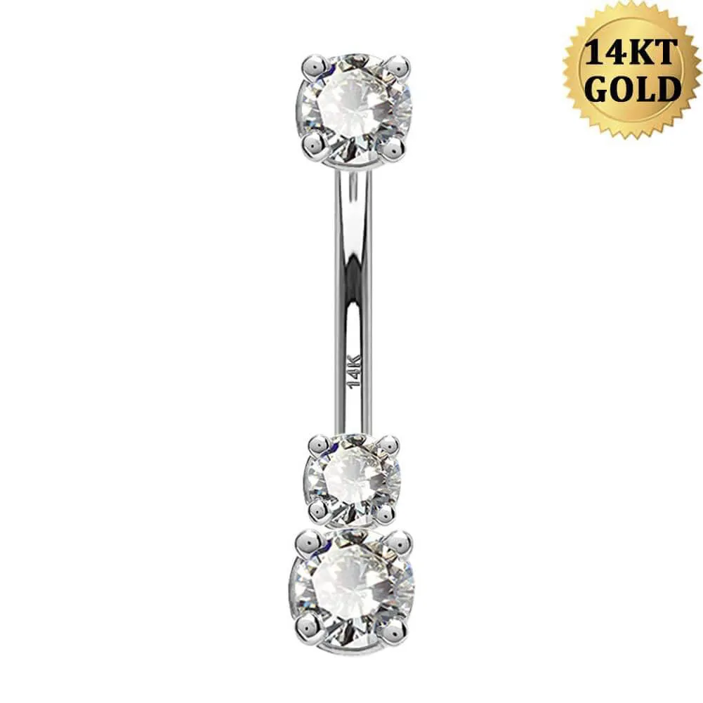 14K White Gold Belly Ring 14G Solitaire Round CZ Navel Ring