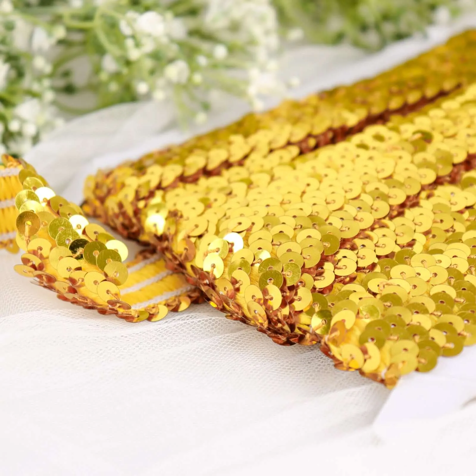 1"x10 Yards Metallic Gold Sequin Stretch Fabric Ribbon, Elastic Lace Trim, Shiny Glitter Craft Fabric