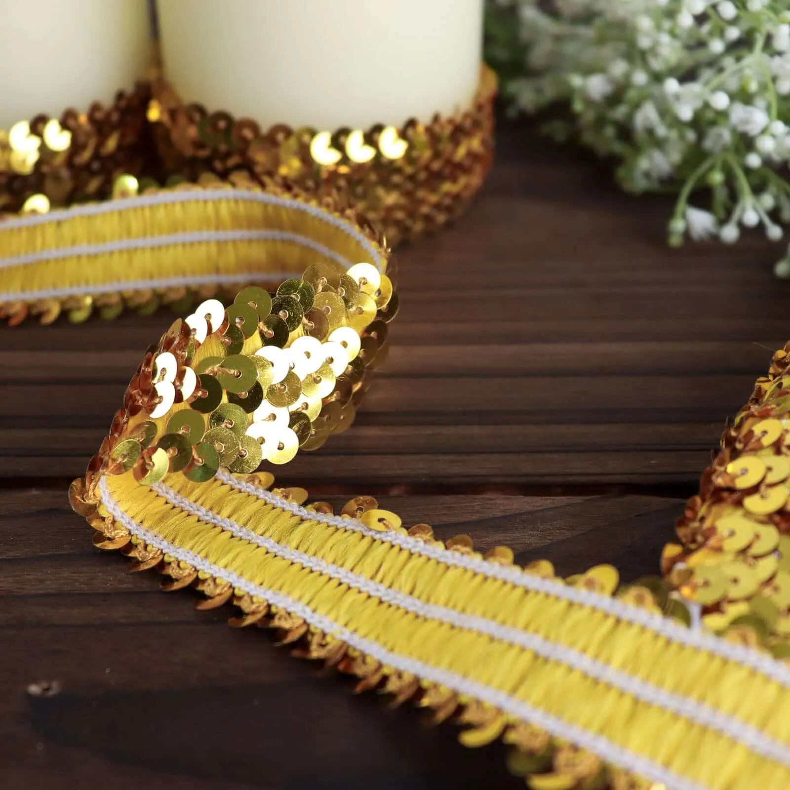 1"x10 Yards Metallic Gold Sequin Stretch Fabric Ribbon, Elastic Lace Trim, Shiny Glitter Craft Fabric