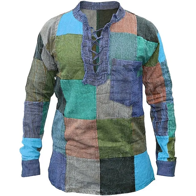 3D Print V Neck Men's Long Sleeve Color Block Patchwork Shirt in Blue Yellow Orange