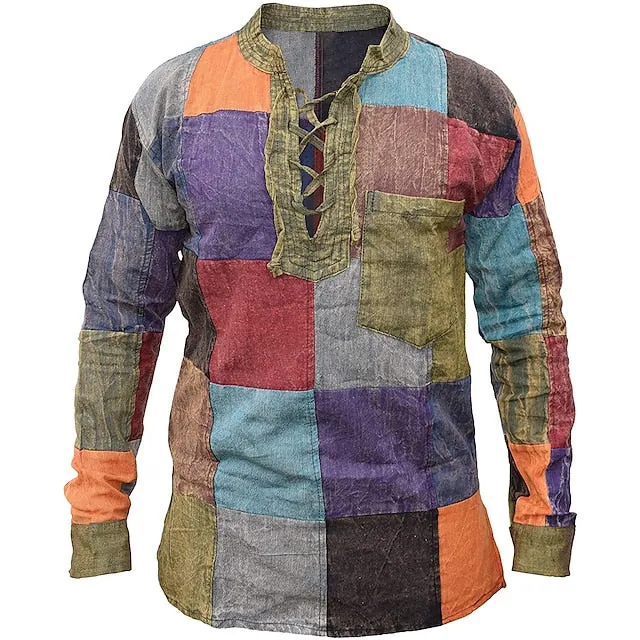 3D Print V Neck Men's Long Sleeve Color Block Patchwork Shirt in Blue Yellow Orange