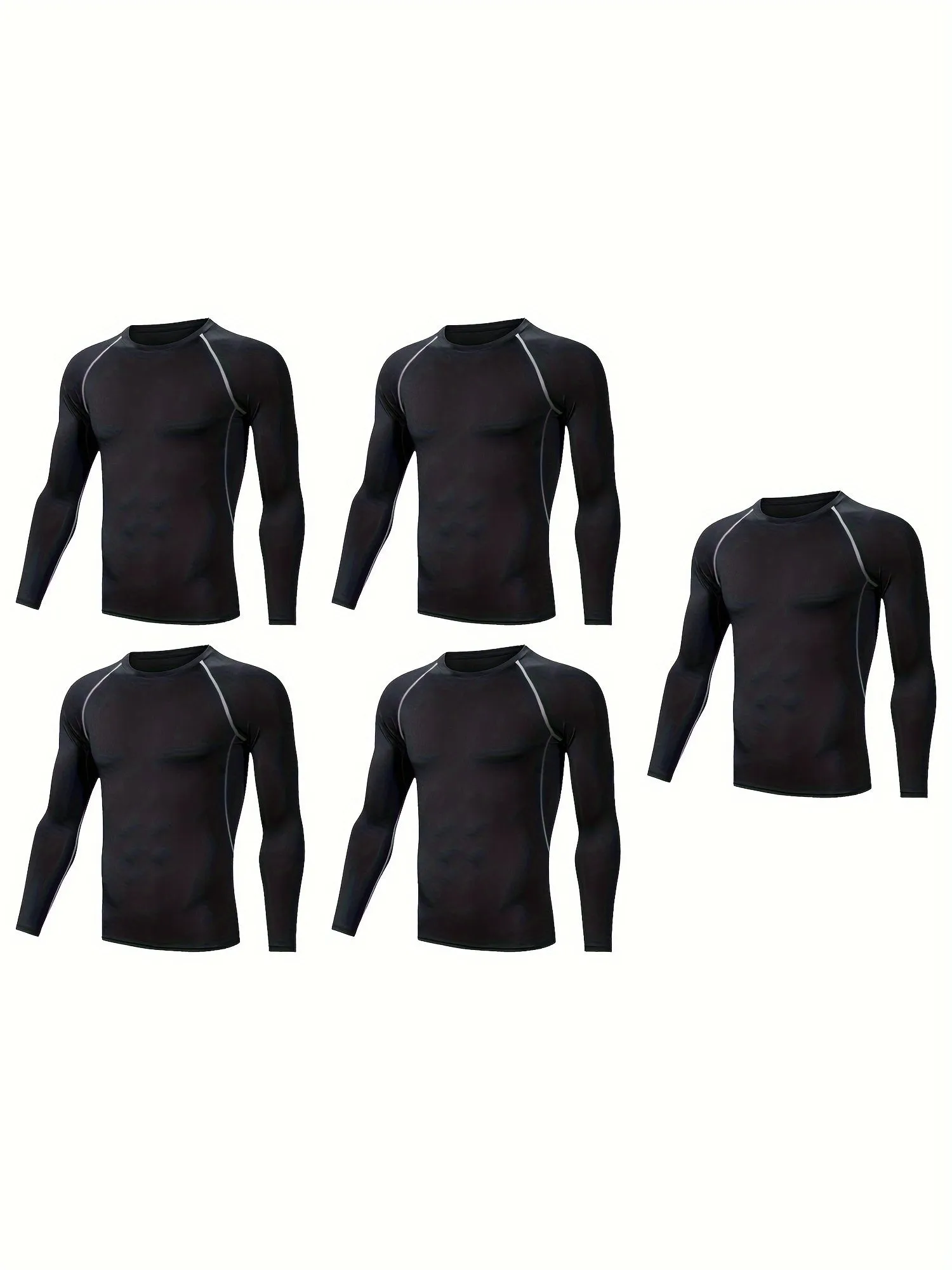 5 Pcs Mens High-Performance Solid Muscle Fit T-Shirts - Stretchy Crew Neck Long Sleeve Sports Tees for Active Fitness Enthusiasts - Moisture-Wicking, Quick-Drying, Four-Season Wear for Hiking, Jogging, Cycling, and Outdoor Activities