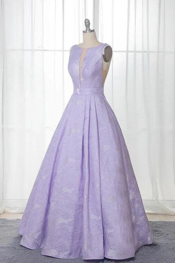 A-Line Bateau Sleeveless Sweep Train Lilac Floral Satin Prom/Formal Dress PSK113