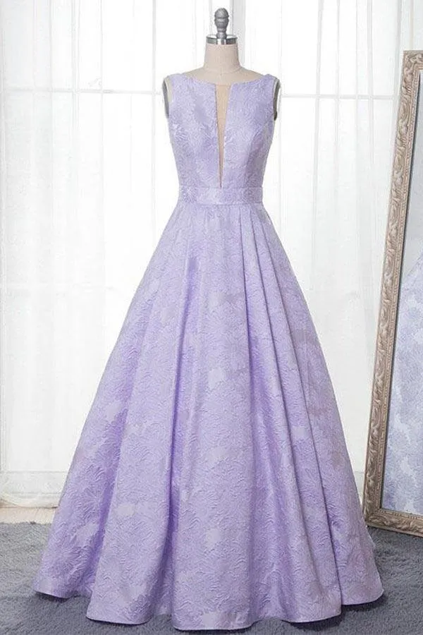 A-Line Bateau Sleeveless Sweep Train Lilac Floral Satin Prom/Formal Dress PSK113