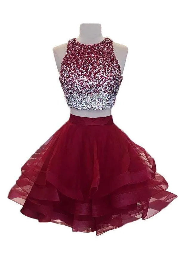 A-line Beaded Top Burgundy Organza Two Piece Homecoming Dresses PD170