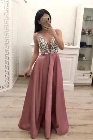 A Line Beading Satin Prom Dresses V Neck Sleeveless  Prom Dress PG872