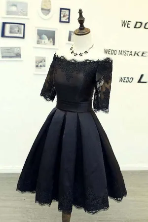 A-line Black Short Sleeves Homecoming Dresses With Lace Applique PD134