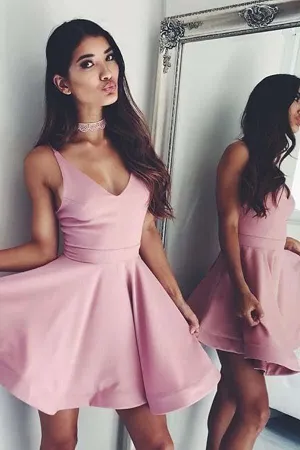 A-line Cute V Neck Short Pink Satin Homecoming Dress Formal Dress  PD126