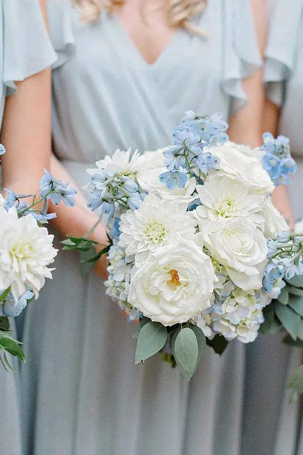 A-Line Floor Length Light Blue Long Bridesmaid Dress With Ruffles BD116