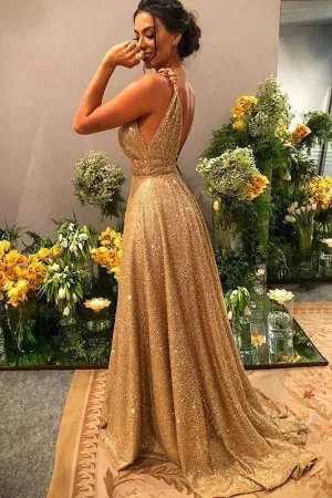 A-line Gold Sequin Empire Prom Dress Long 2020 Sweep Train PSK152