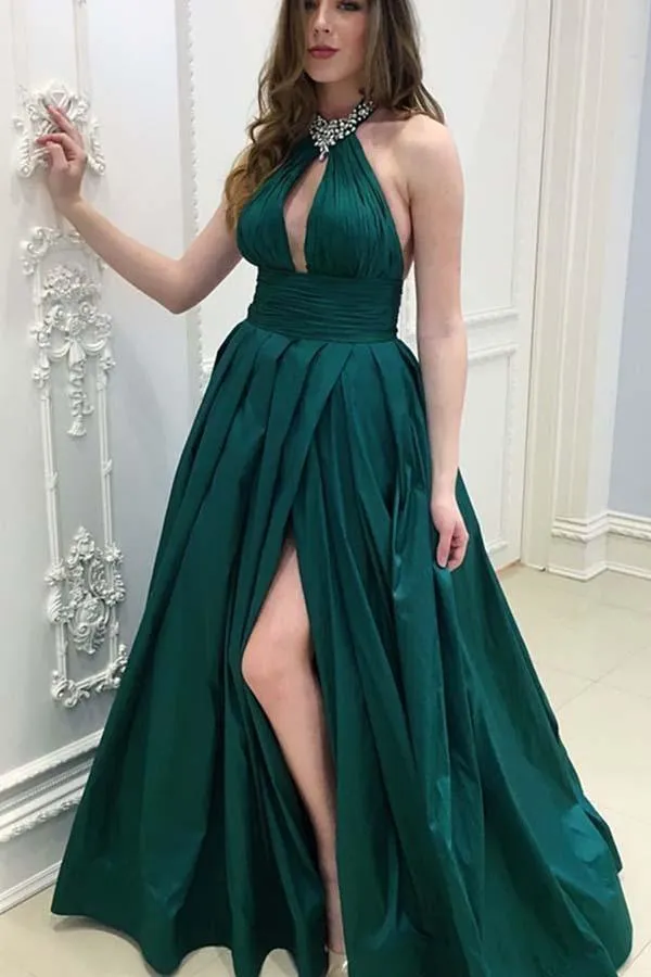 A-Line Halter Backless Floor-Length Dark Green Prom Dress With Beading PG675