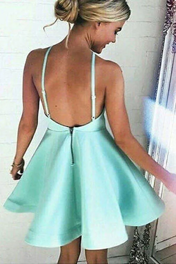 A-line Halter Short Mint Satin Homecoming Dress with Ruched  PD007