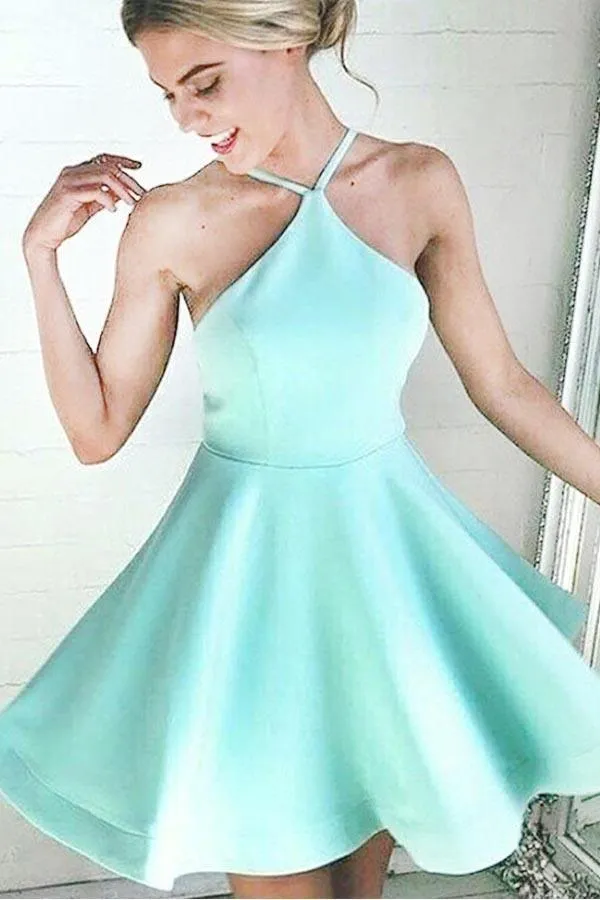 A-line Halter Short Mint Satin Homecoming Dress with Ruched  PD007