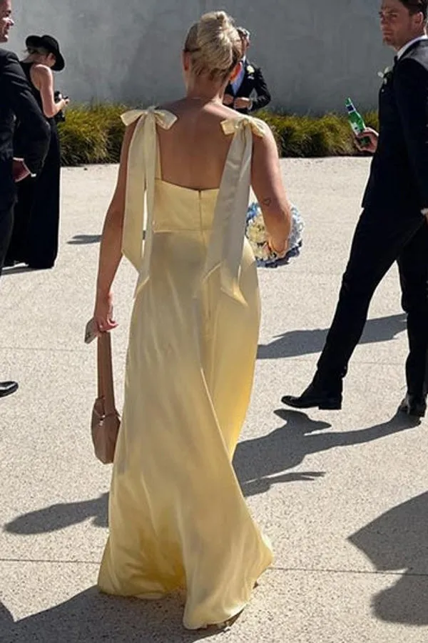 A-Line Light Yellow Scoop Neck Bridesmaid Dress with Slit BD124