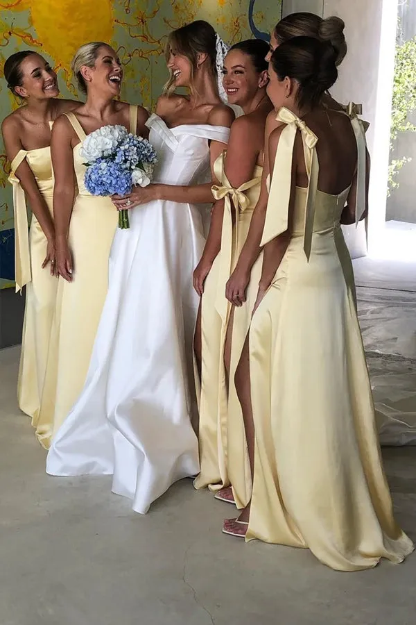 A-Line Light Yellow Scoop Neck Bridesmaid Dress with Slit BD124