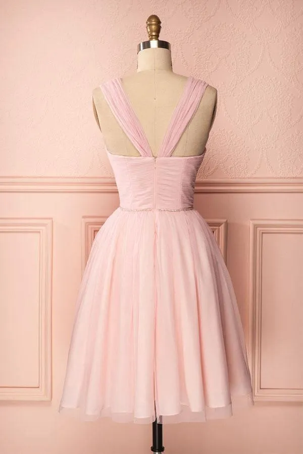 A-Line Pink Tulle Straps Pleats Beading Homecoming Dress Short Prom Dress  PD274