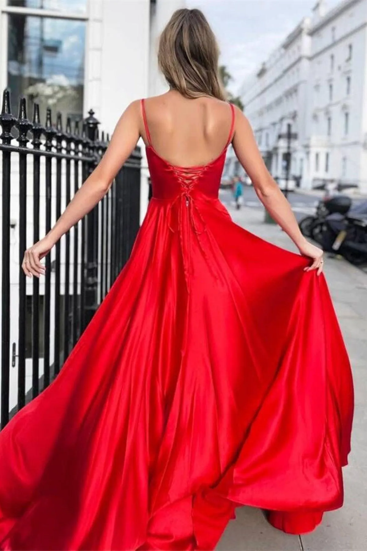 A-line Satin Scoop Neck Long Prom Dress Straps Formal Dress PSK356