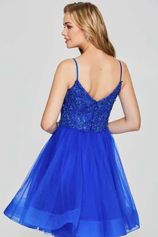 A-Line Spaghetti Straps Appliques Beading Tulle Short Homecoming Dress PD045