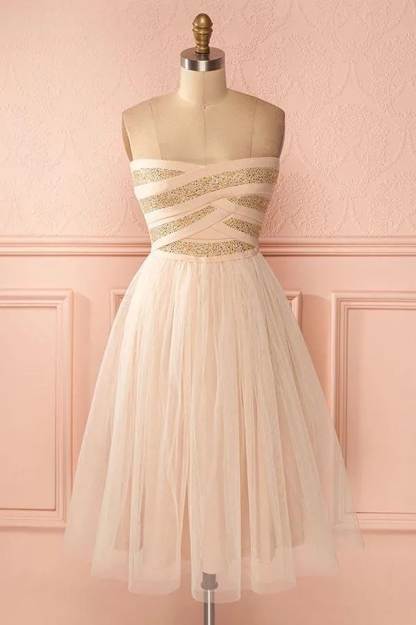 A-Line Strapless Knee-Length Sweetheart Tulle Homecoming Dress PD137