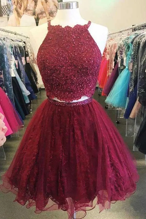 A Line Two Piece  Appliques Burgundy Short Homecoming Dresses with Beading  PD263