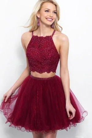 A Line Two Piece  Appliques Burgundy Short Homecoming Dresses with Beading  PD263