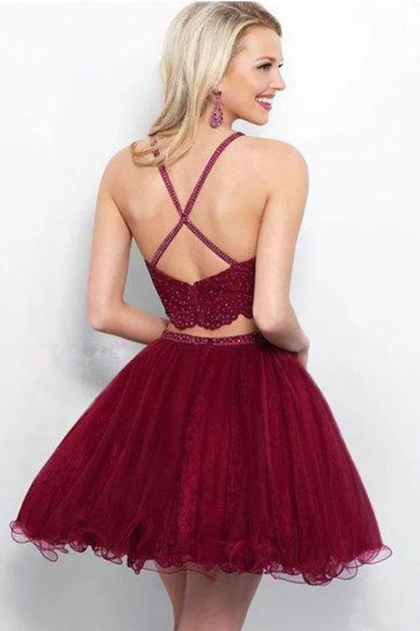 A Line Two Piece  Appliques Burgundy Short Homecoming Dresses with Beading  PD263