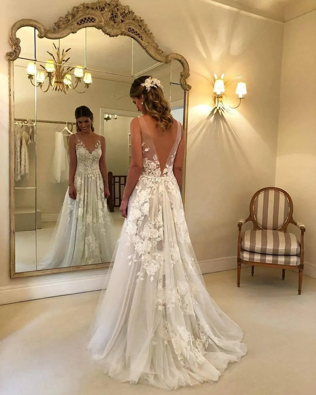 A-Line V-neck Backless Sweep Train Wedding Dress with Appliques WD394