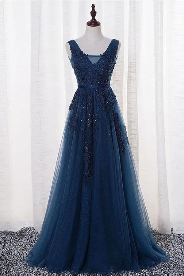 A-Line V-neck Floor length Tulle Prom/Evening Dress With Appliques PSK069