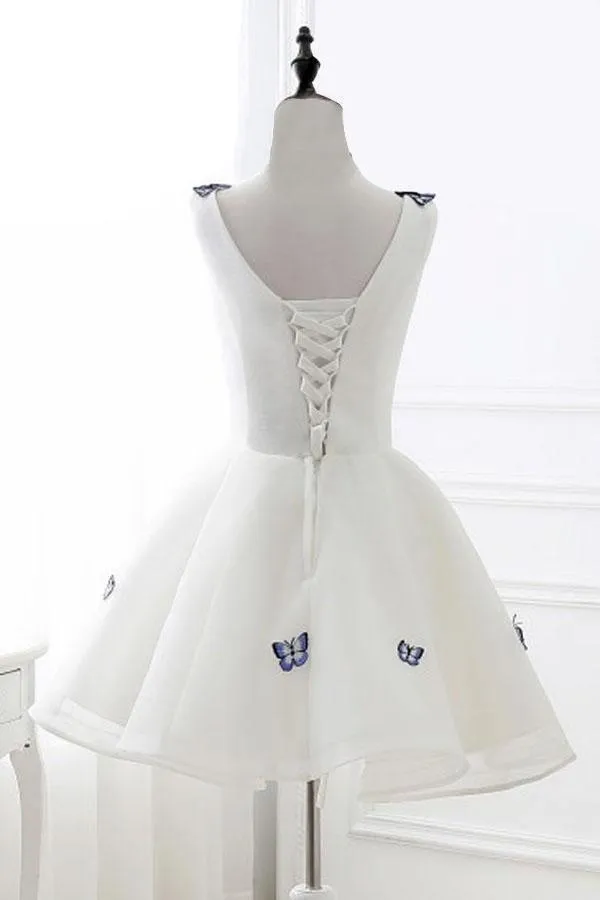 A-Line V-Neck Ivory Organza Homecoming Dress with Appliques PD138