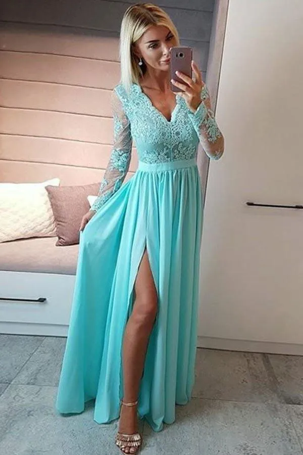 A-Line V-Neck Royal Blue Chiffon Long Sleeves Prom Dress with Appliques PG996