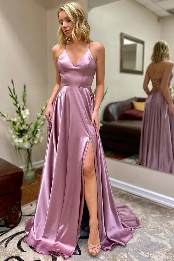 A-line V Neck  Straps High Split Long Prom Dress With Pockets PSK239