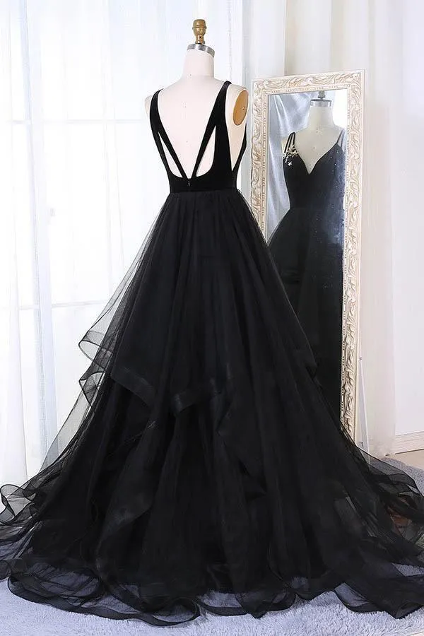 A-Line V-Neck Sweep Train Pleated Tiered Black Tulle Prom Dress PG805