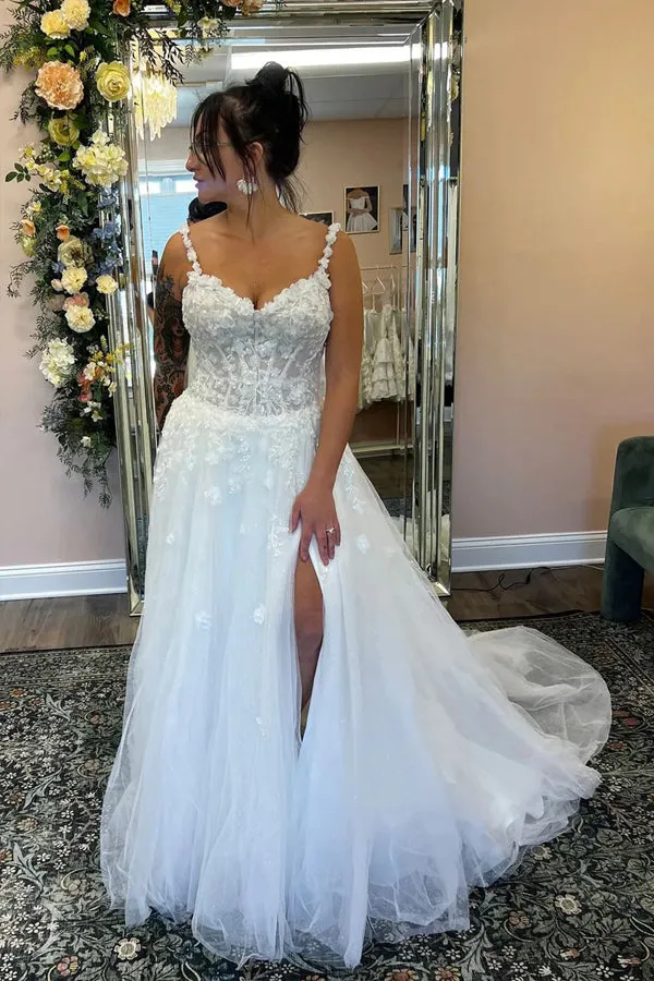 A Line V Neck Tulle Boho Wedding Dress with Appliques WD758