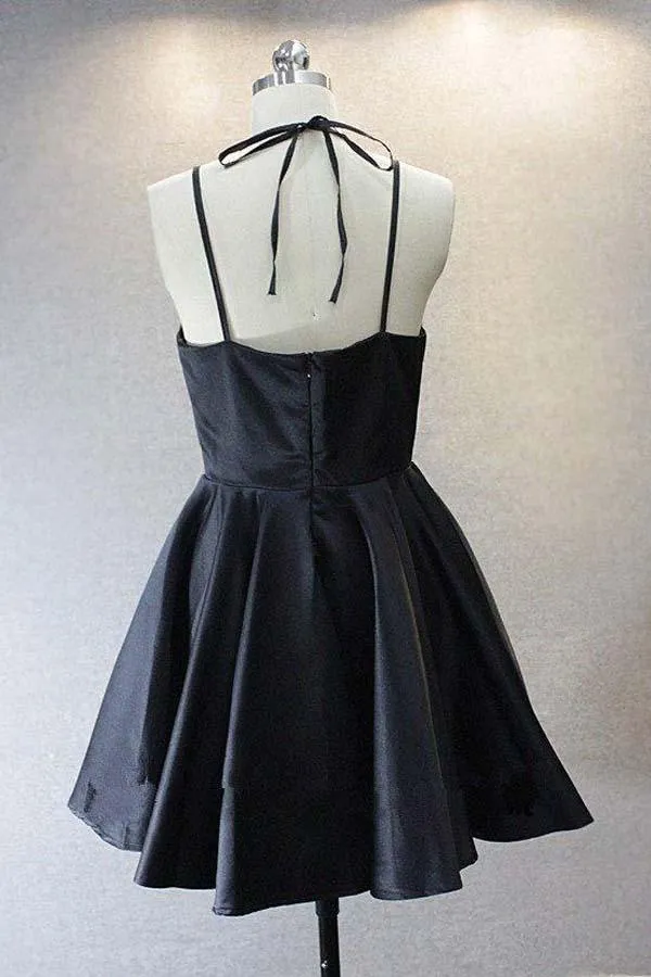 A Live V Neck Satin Short Black Prom Dress Homecoming Dresses  PD156