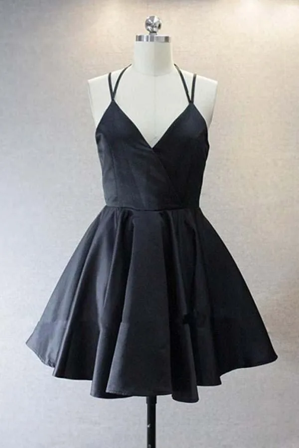 A Live V Neck Satin Short Black Prom Dress Homecoming Dresses  PD156