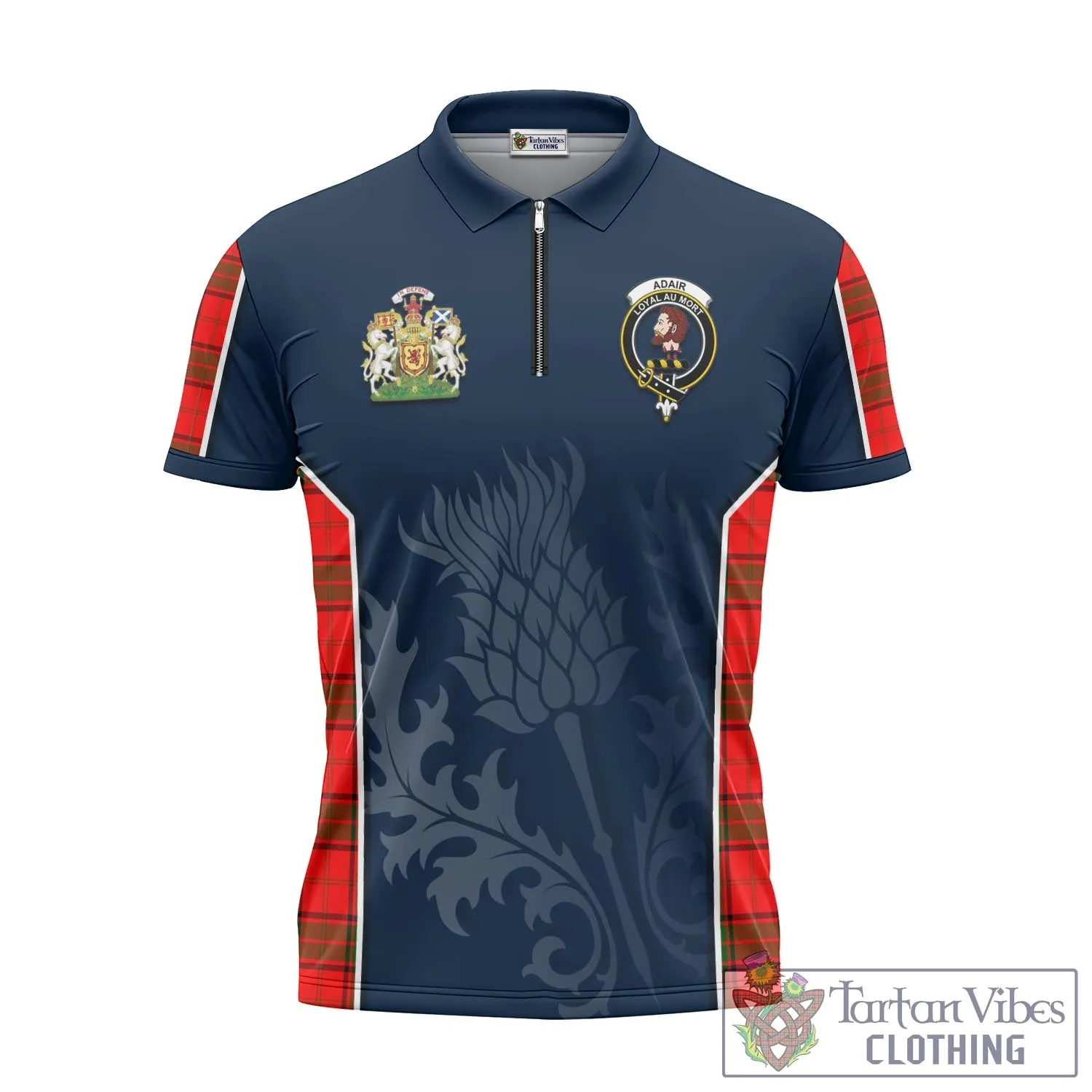 Adair Tartan Zipper Polo Shirt with Family Crest and Scottish Thistle Vibes Sport Style