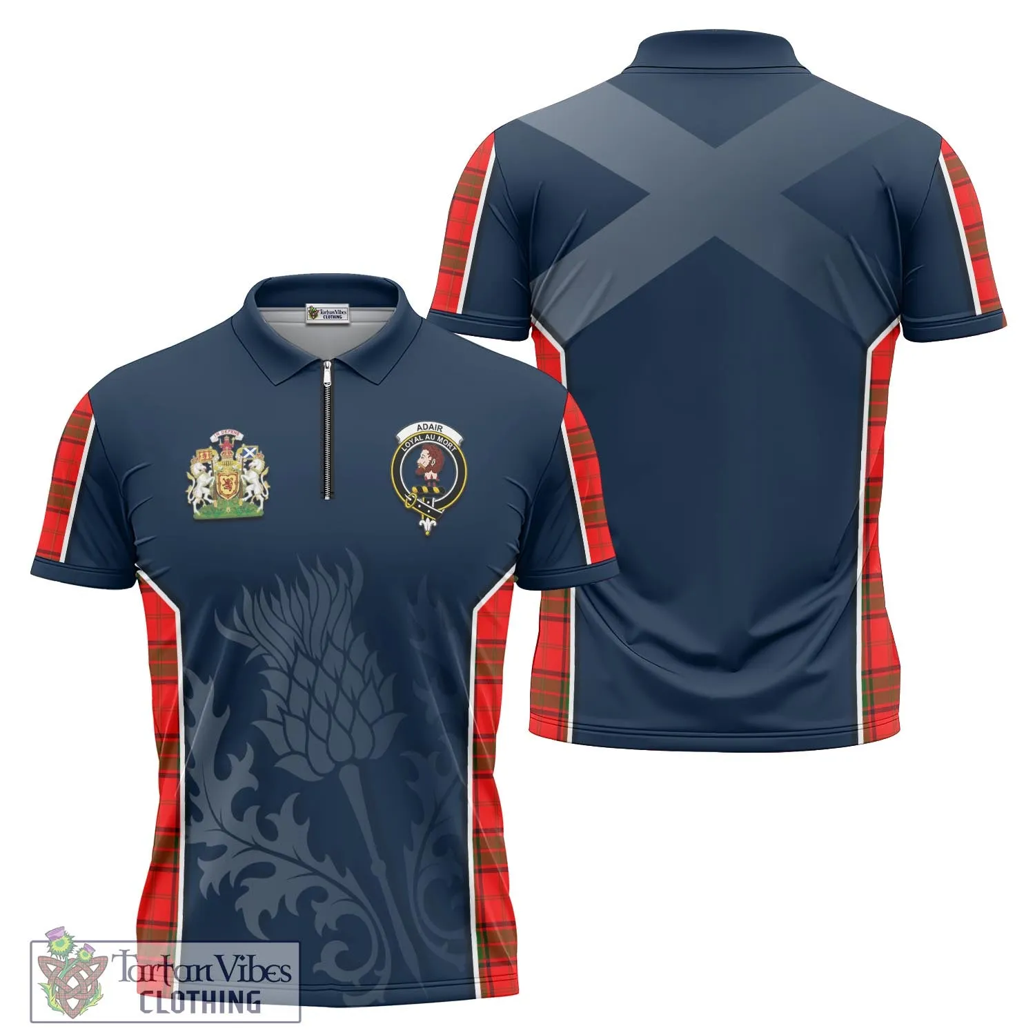 Adair Tartan Zipper Polo Shirt with Family Crest and Scottish Thistle Vibes Sport Style