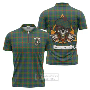 Aiton Tartan Zipper Polo Shirt with Family Crest and Bearded Skull Holding Bottles of Whiskey