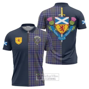 Alexander of Menstry Tartan Zipper Polo Shirt Alba with Scottish Lion Royal Arm Half Style