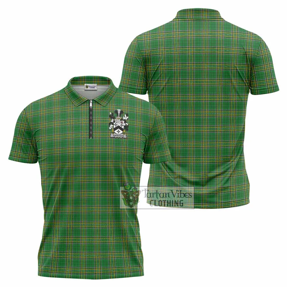 Anderson Irish Clan Tartan Zipper Polo Shirt with Coat of Arms