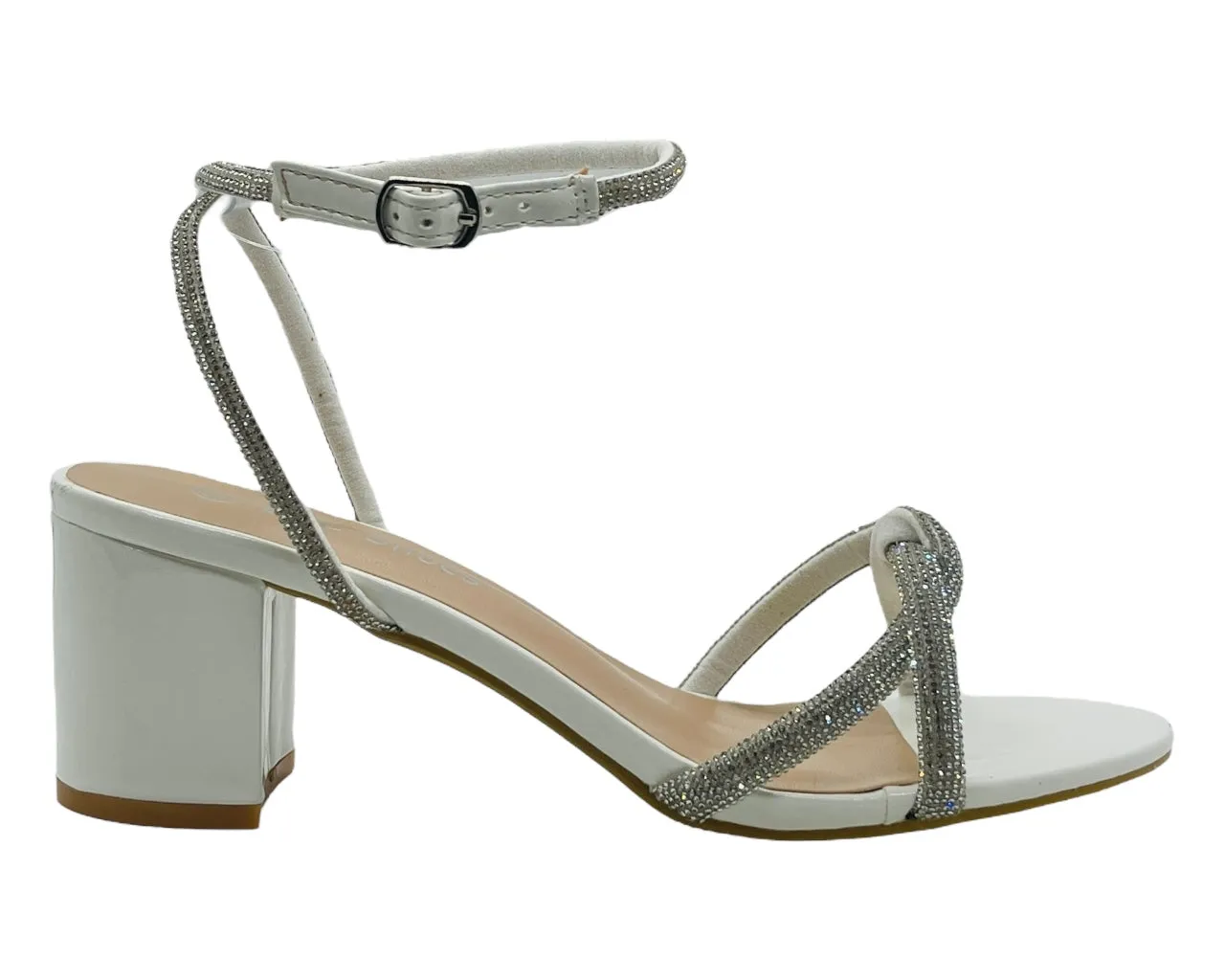 Ankle Strap Crossover Diamante Block Heel Shoes