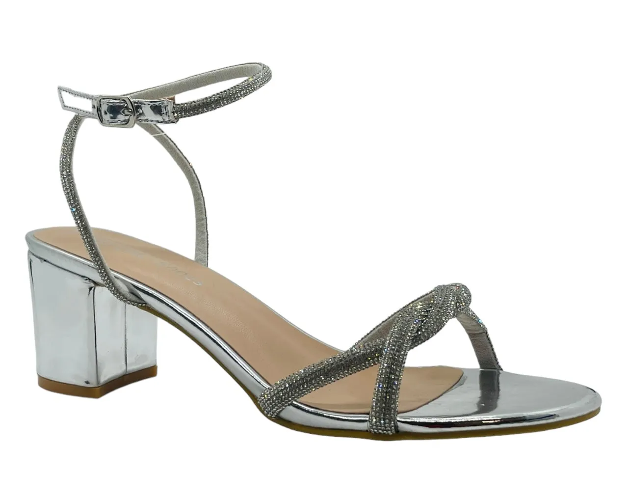 Ankle Strap Crossover Diamante Block Heel Shoes