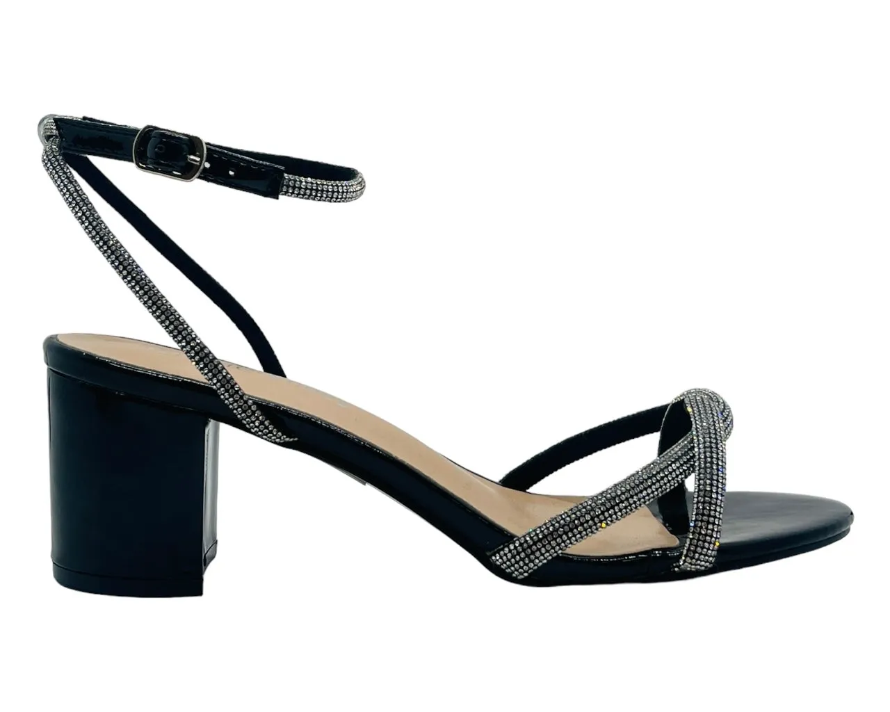 Ankle Strap Crossover Diamante Block Heel Shoes