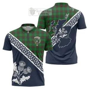 Anstruther Tartan Zipper Polo Shirt Featuring Thistle and Scotland Map